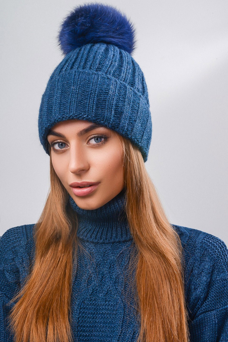 Вязаная шапка с широким отворотом цвет джинс 28630